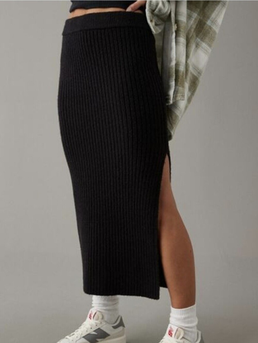 Aerie Buttercream Ribbed Sweater Midi Skirt with Slit